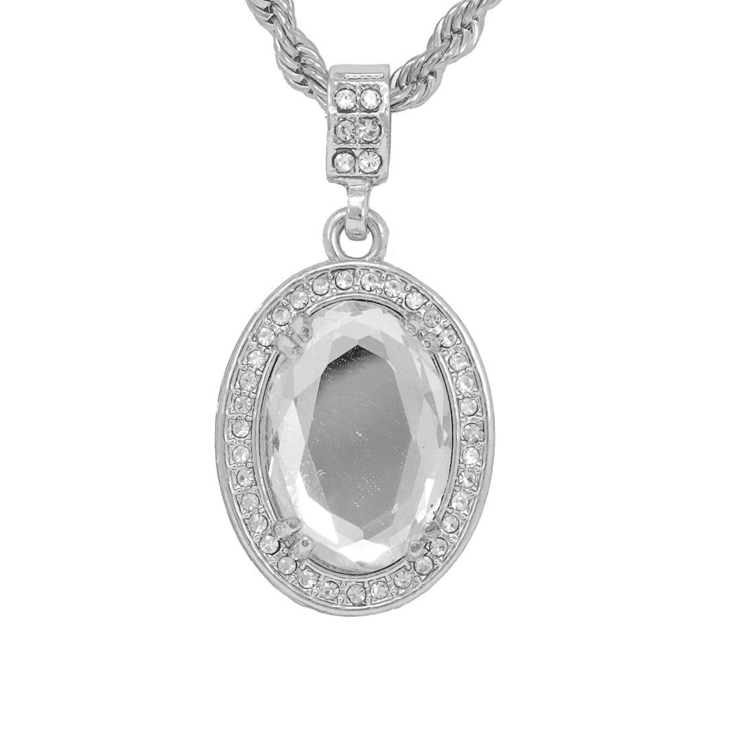 Iced Medium White Stone Pendant with 4mm Rope Chain 24" - HC-1206*