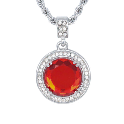 Iced Medium Ruby Stone Pendant with 4mm Rope Chain 24" - HC-1207*