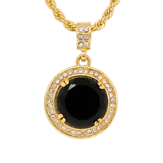Iced Medium Black Stone Pendant with 4mm Rope Chain 24" - HC-1208*