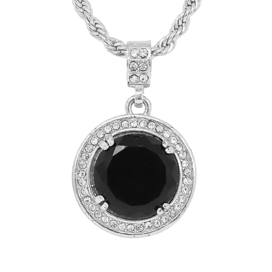 Iced Medium Black Stone Pendant with 4mm Rope Chain 24" - HC-1208*