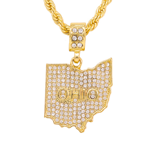 Iced Medium Ohio Pendant with 4mm Rope Chain 24" - HC-1214*