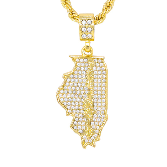 Iced Medium Illinois Pendant with 4mm Rope Chain 24" - HC-1215*