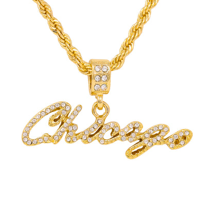 Iced Medium Chicago Pendant with 4mm Rope Chain 24" - HC-1220*