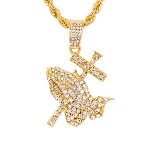 Iced Medium Praying Hands Pendant with 4mm Rope Chain 24" - HC-1221