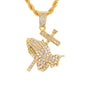 Iced Medium Praying Hands Pendant with 4mm Rope Chain 24" - HC-1221