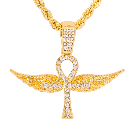 Iced Medium Ankh Wing Pendant with 4mm Rope Chain 24" - HC-1228*