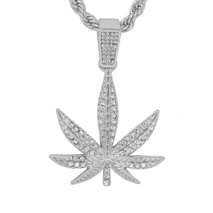Iced Medium Leaf Pendant with 4mm Rope Chain 24" - HC-1230