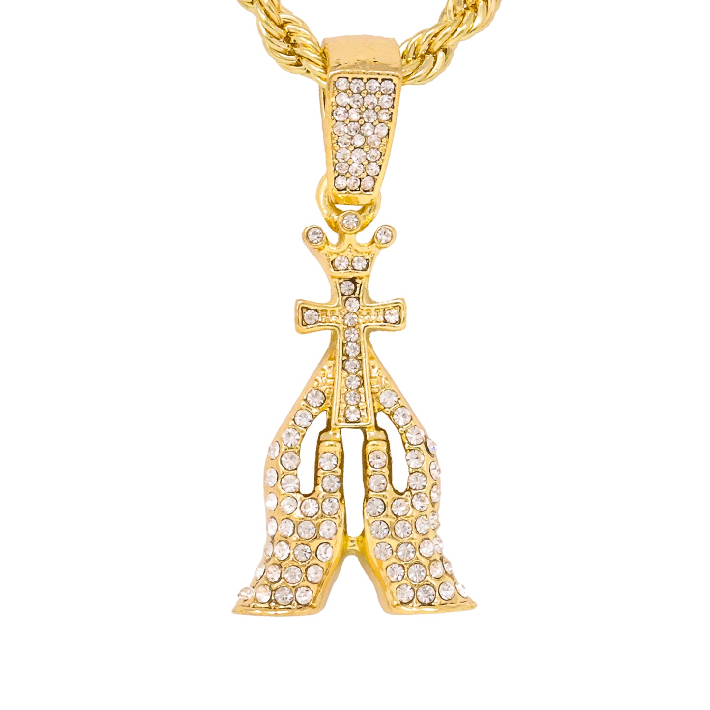 Iced Medium Praying Hands Pendant with 4mm Rope Chain 24" - HC-1232*