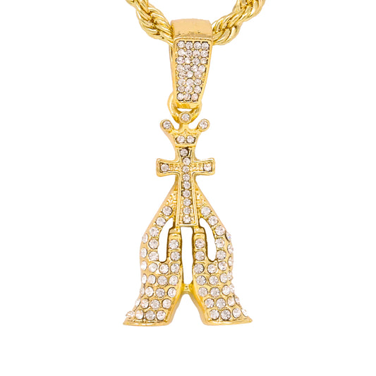 Iced Medium Praying Hands Pendant with 4mm Rope Chain 24" - HC-1232*