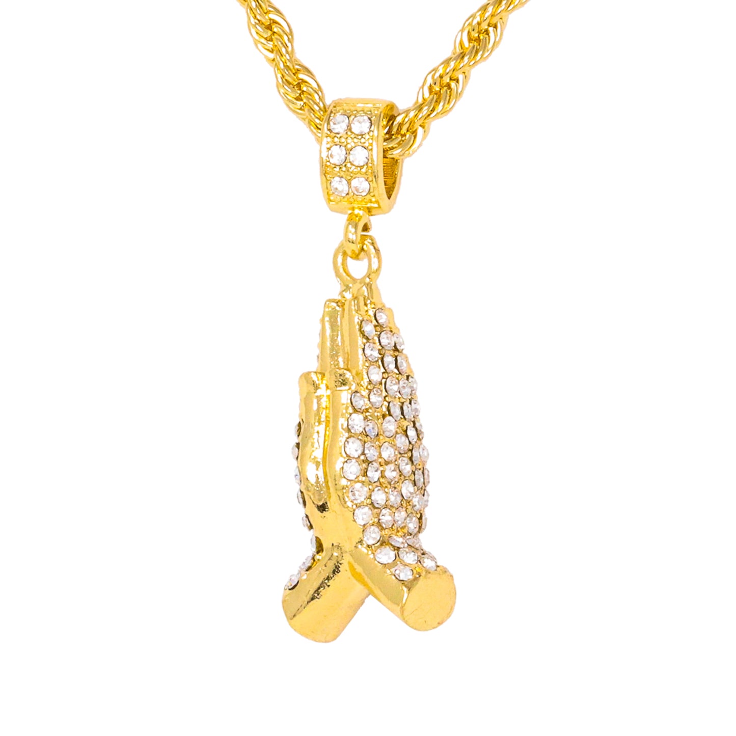 Iced Medium Praying Hands Pendant with 4mm Rope Chain 24" - HC-1236*