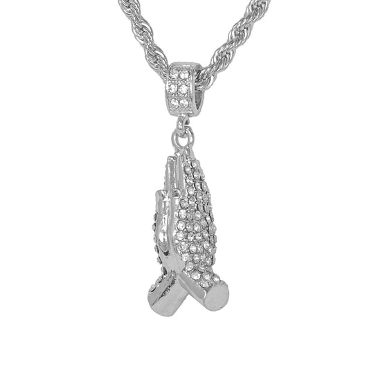 Iced Medium Praying Hands Pendant with 4mm Rope Chain 24" - HC-1236*