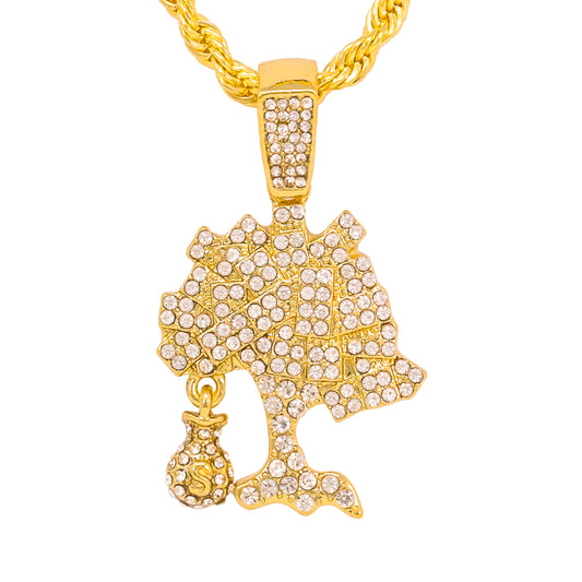 Iced Medium Money Tree Pendant with 4mm Rope Chain 24" - HC-1241*