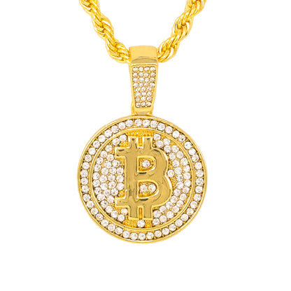 Iced Medium Bitcoin Pendant with 4mm Rope Chain 24" - HC-1249