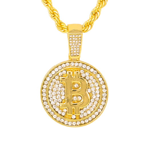 Iced Medium Bitcoin Pendant with 4mm Rope Chain 24" - HC-1249