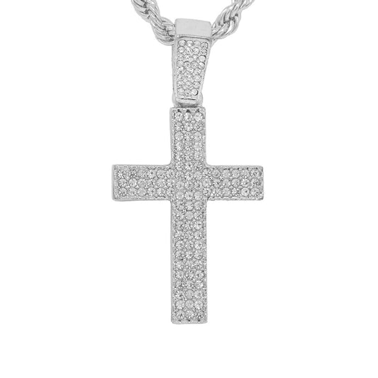 Iced Medium Cross Pendant with 4mm Rope Chain 24" - HC-1251