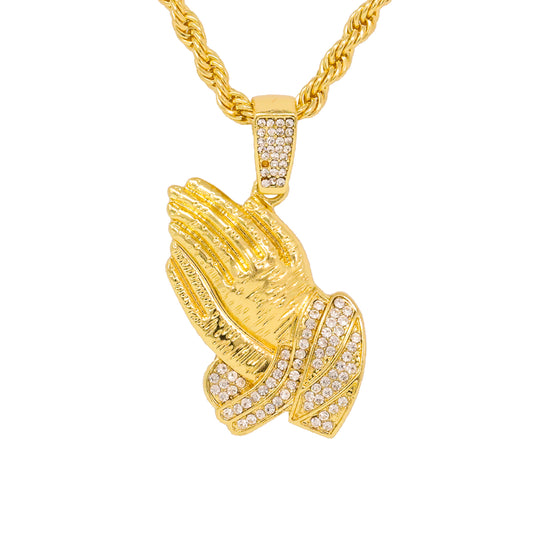 Iced Medium Praying Hands Pendant with 4mm Rope Chain 24" - HC-1256*