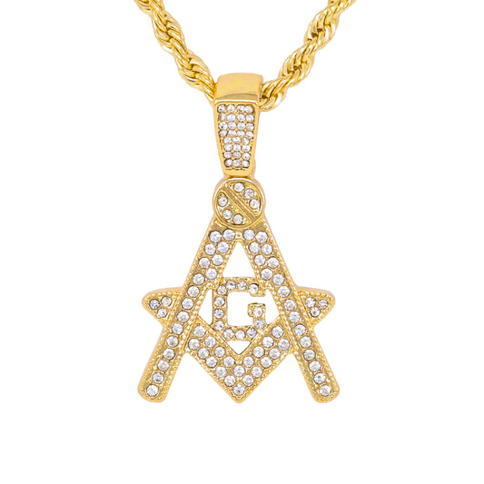 Iced Medium Free Mason Pendant with 4mm Rope Chain 24" - HC-1262