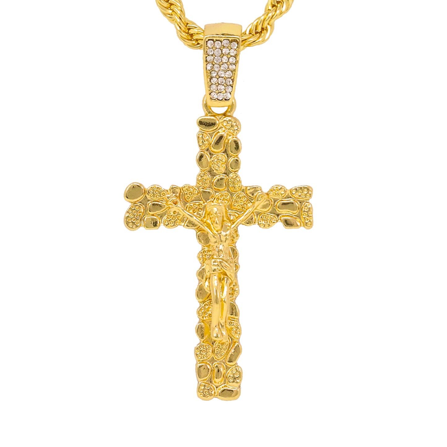 Iced Medium Crucifix Nugget Pendant with 4mm Rope Chain - HC-1267