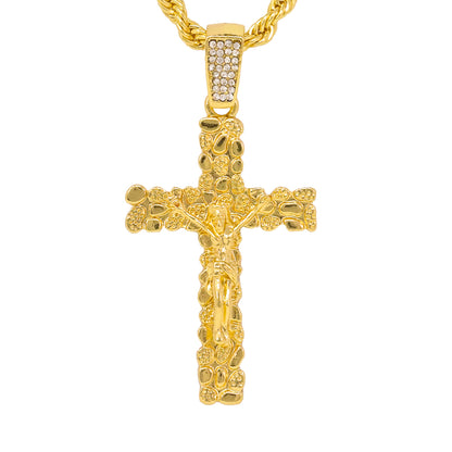 Iced Medium Crucifix Nugget Pendant with 4mm Rope Chain - HC-1267