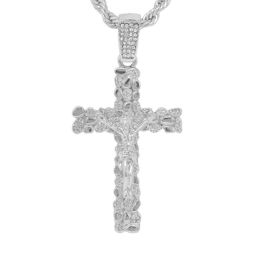 Iced Medium Crucifix Nugget Pendant with 4mm Rope Chain - HC-1267
