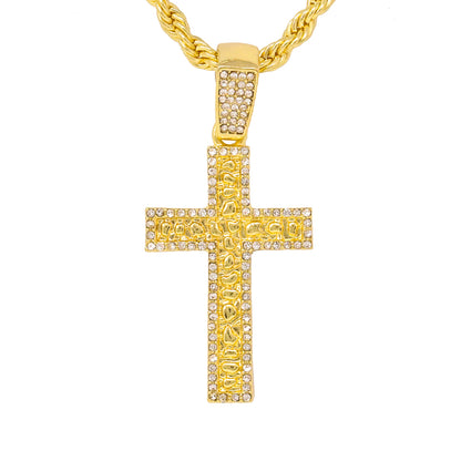 Iced Medium Cross Nugget Pendant with 4mm Rope Chain - HC-1268