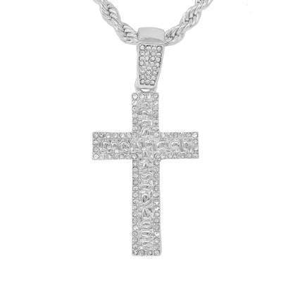 Iced Medium Cross Nugget Pendant with 4mm Rope Chain - HC-1268