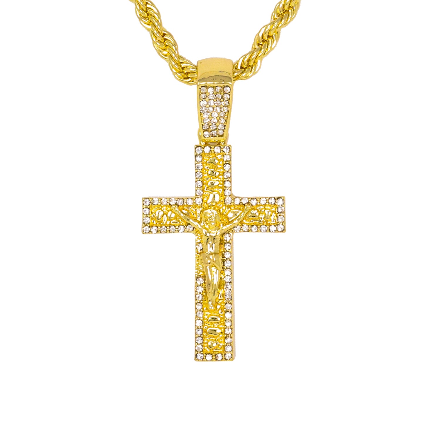 Iced Medium Crucifix Nugget Pendant with 4mm Rope Chain - HC-1269