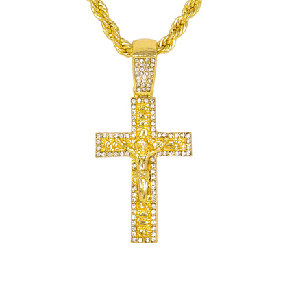 Iced Medium Crucifix Nugget Pendant with 4mm Rope Chain - HC-1269