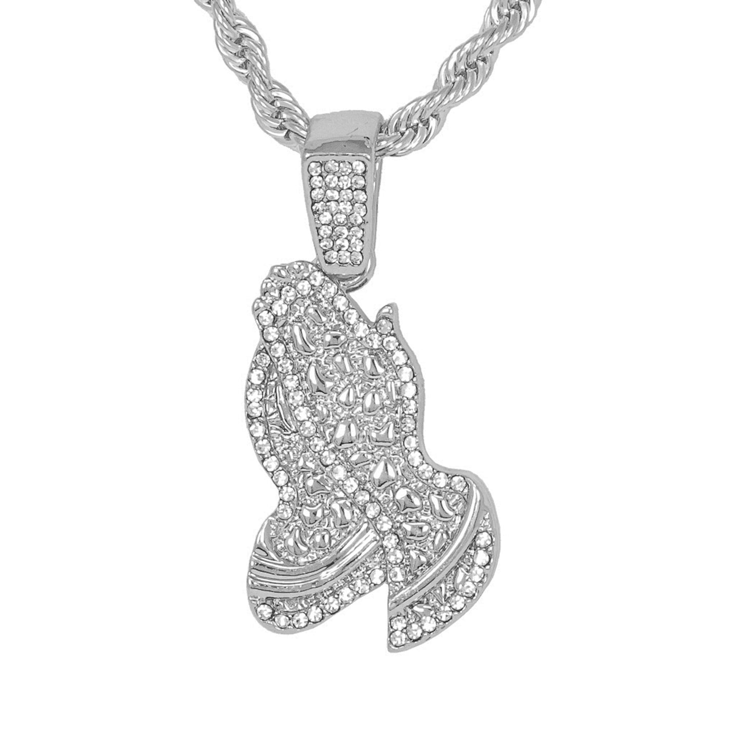 Iced Medium Praying Hands Pendant with 4mm Rope Chain 24" - HC-1270*