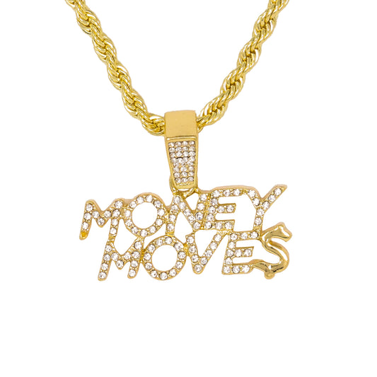 Iced Medium Money Moves Pendant with 4mm Rope Chain 24" - HC-1283*