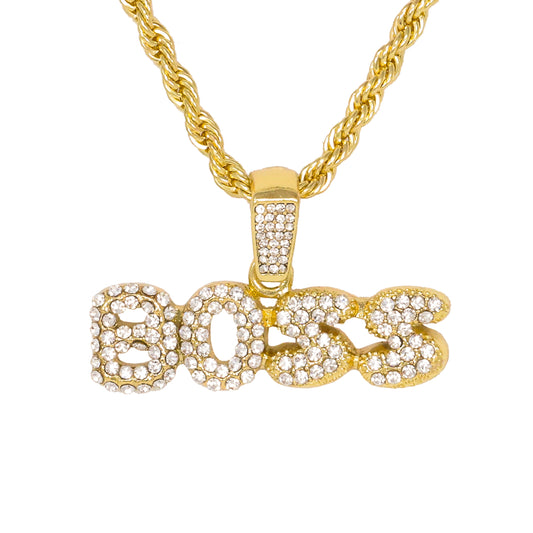 Iced Medium Boss Pendant with 4mm Rope Chain 24" - HC-1284