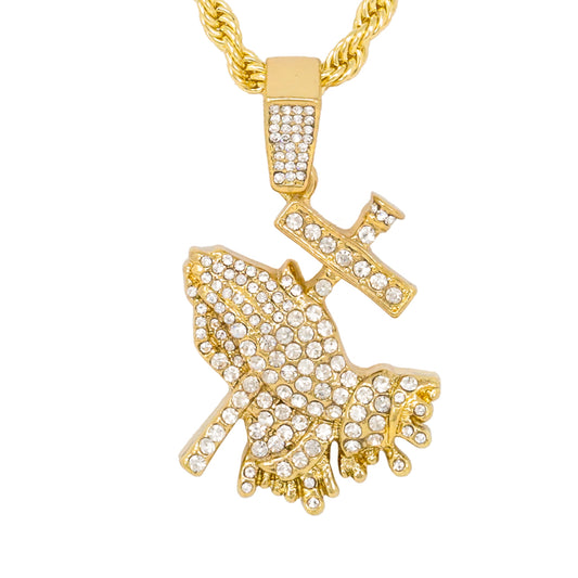 Iced Medium Praying Hands Pendant with 4mm Rope Chain 24" - HC-1306*