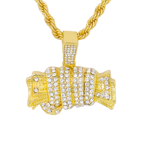 Iced Medium Money Pendant with 4mm Rope Chain 24" - HC-1326