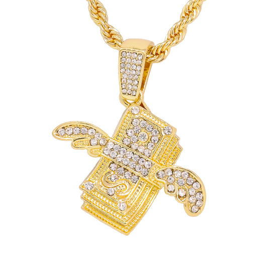 Iced Medium Money Pendant with 4mm Rope Chain 24" - HC-1327*