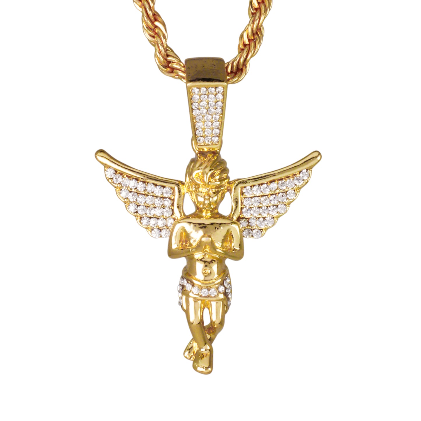 Iced Medium Angel Pendant with 4mm Rope Chain 24" - HC-1344