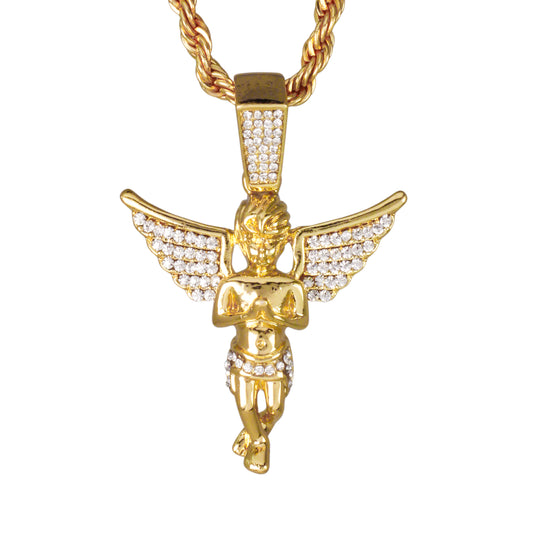 Iced Medium Angel Pendant with 4mm Rope Chain 24" - HC-1344