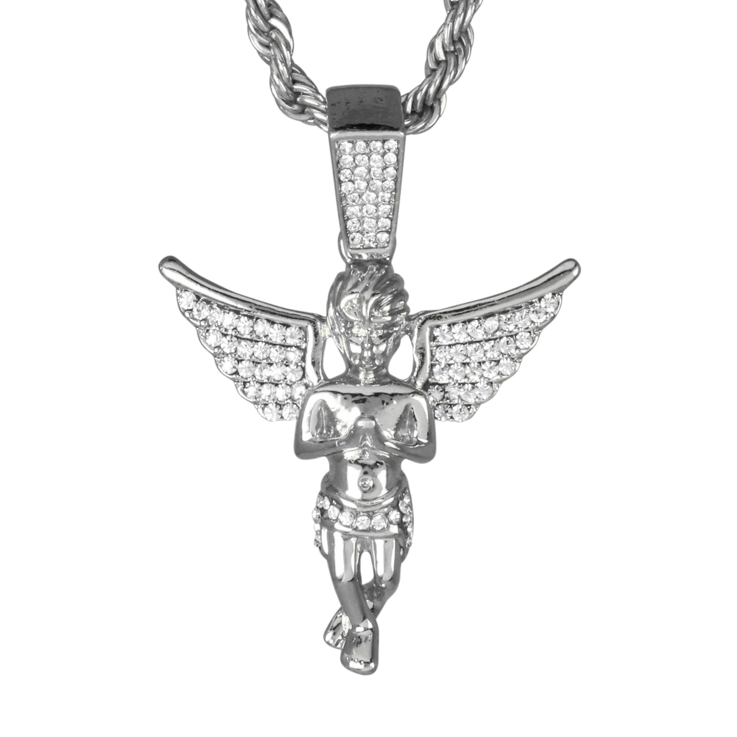 Iced Medium Angel Pendant with 4mm Rope Chain 24" - HC-1344