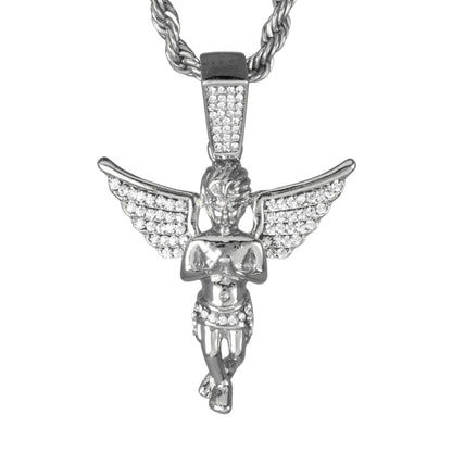 Iced Medium Angel Pendant with 4mm Rope Chain 24" - HC-1344
