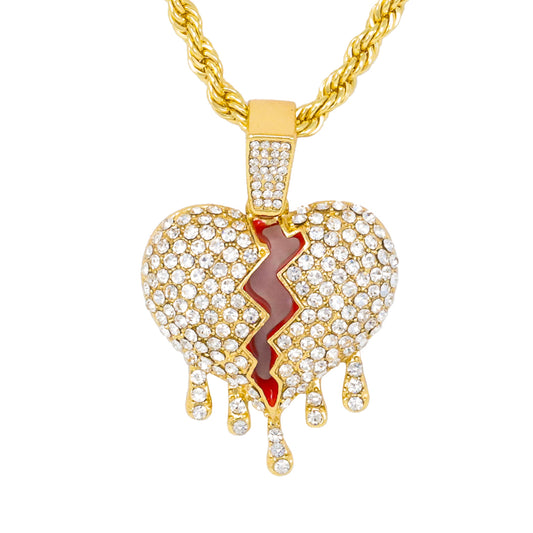 Iced Medium Heart Pendant with 4mm Rope Chain 24" - HC-1346