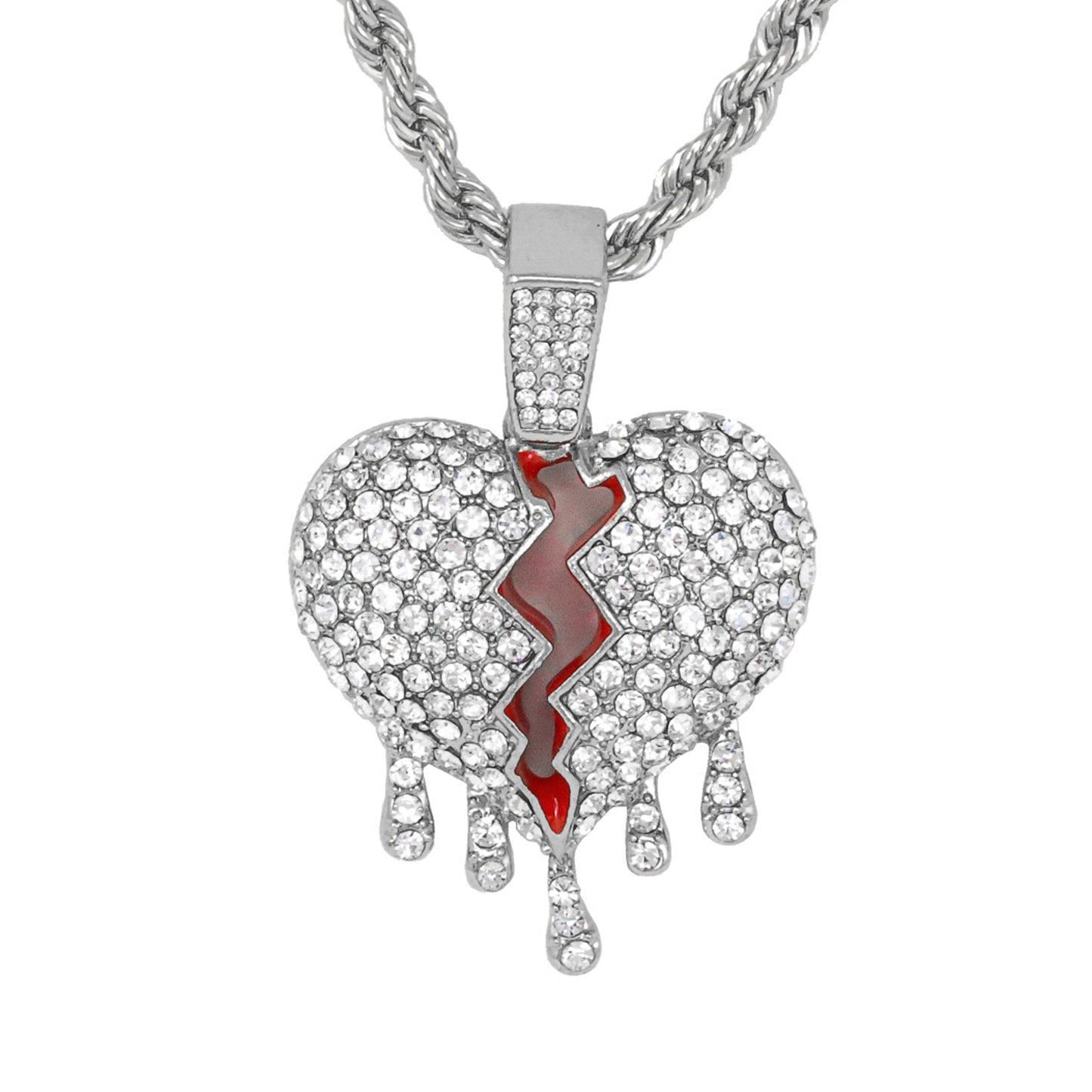 Iced Medium Heart Pendant with 4mm Rope Chain 24" - HC-1346