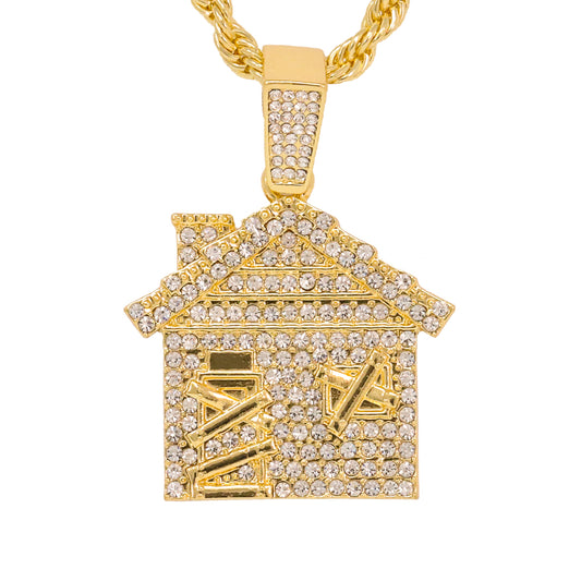 Iced Medium House Pendant with 4mm Rope Chain 24" - HC-1348*