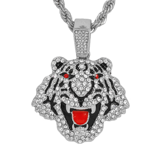 Iced Medium Tiger Pendant with 4mm Rope Chain 24" - HC-1349