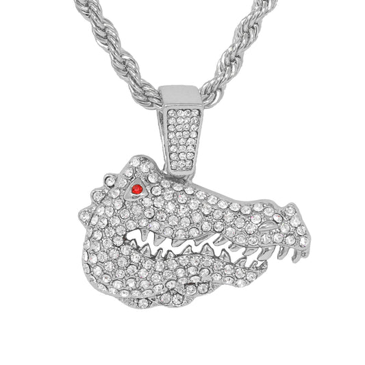 Iced Medium Gator Pendant with 4mm Rope Chain 24" - HC-1350