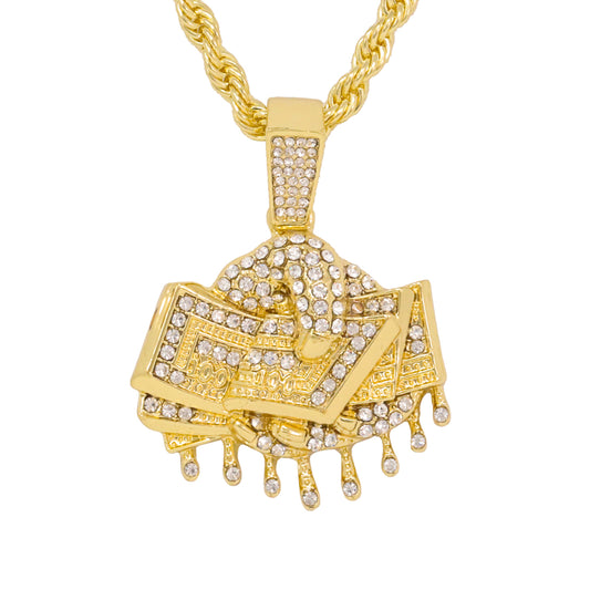 Iced Medium Money Pendant with 4mm Rope Chain 24" - HC-1351*