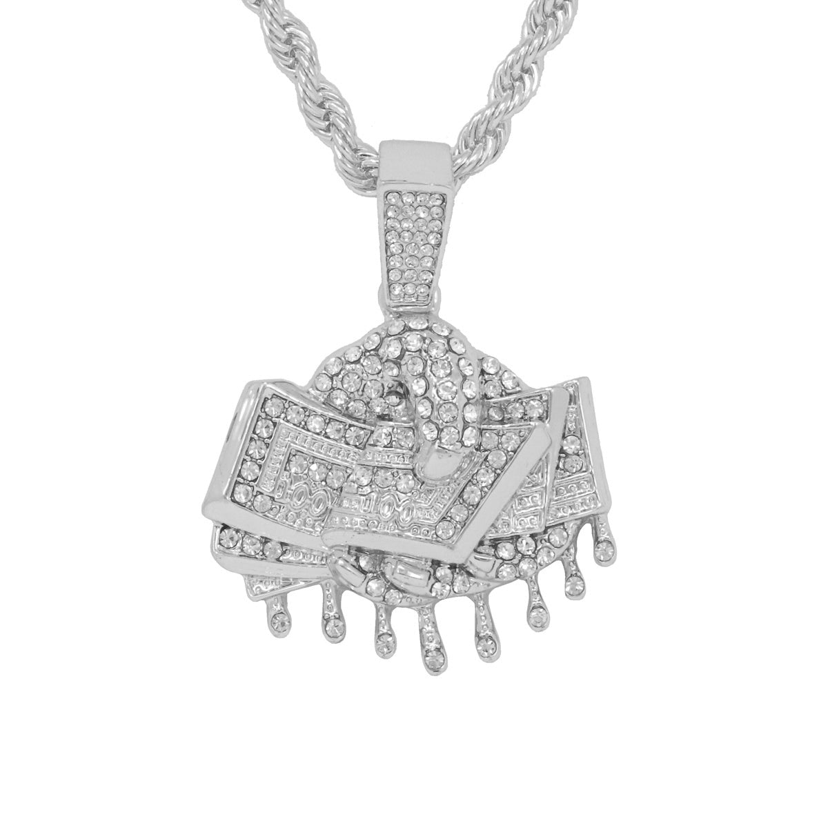 Iced Medium Money Pendant with 4mm Rope Chain 24" - HC-1351*