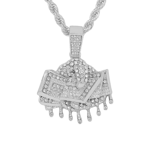 Iced Medium Money Pendant with 4mm Rope Chain 24" - HC-1351*