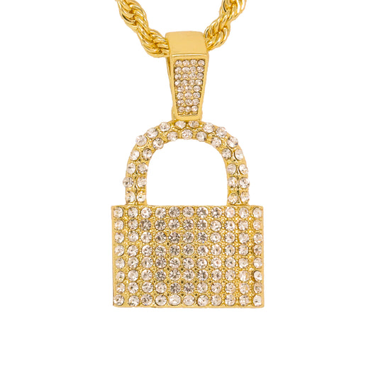 Iced Medium Lock Pendant with 4mm Rope Chain 24" - HC-1366