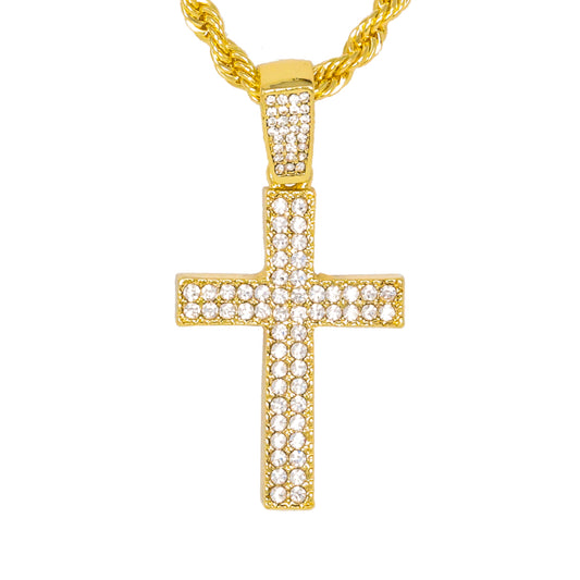Iced Medium Cross Pendant with 4mm Rope Chain 24" - HC-1370