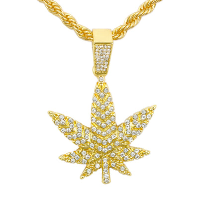 Iced Medium Leaf Pendant with 4mm Rope Chain 24" - HC-1372