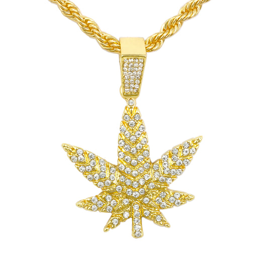 Iced Medium Leaf Pendant with 4mm Rope Chain 24" - HC-1372
